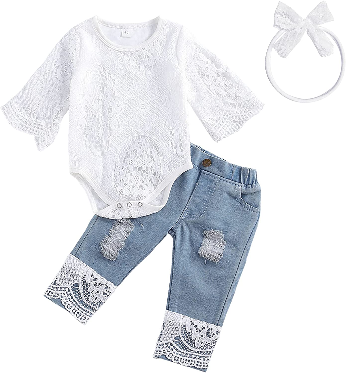 koramesis Baby Girl Clothes Set Toddler Ruffle Sleeve Lace Floral Romper with Denim Jeans Pants Outfits Set