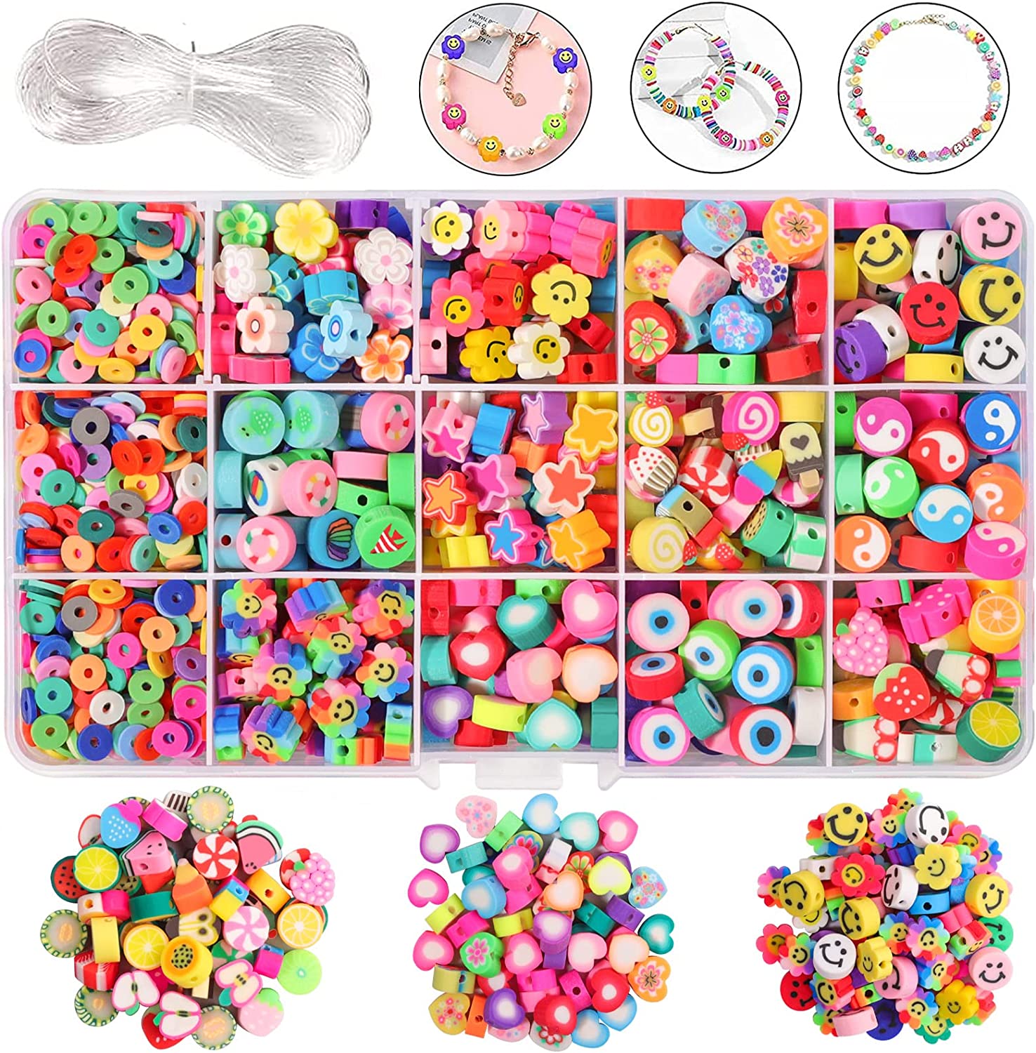 1140Pcs Flower Smiley Face Beads Polymer Clay Bead Kit Include y2k Mixed Fruit Spacer Trendy Clay Beads Charms for Jewelry Making, Bracelet Making Kit Accessories for Women Girls