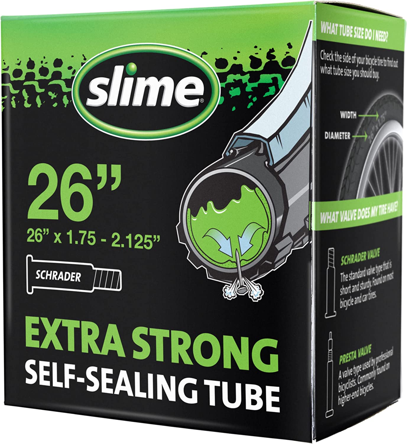 Slime 30045 Bike Inner Tube with Slime Puncture Sealant, Extra Strong, Self Sealing, Prevent and Repair, Schrader Valve, 26" x 1.75-2.125"