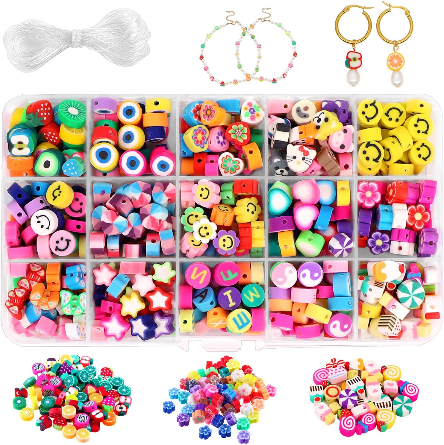 JOICEE 300PCS Fruit Smiley Handmade Polymer Clay Beads 15 Styles Flower Letter Beads Soft Beads for Women Girls Jewelry Making DIY Bracelet Necklace Earring Accessories with 4m Crystal Elastic String.