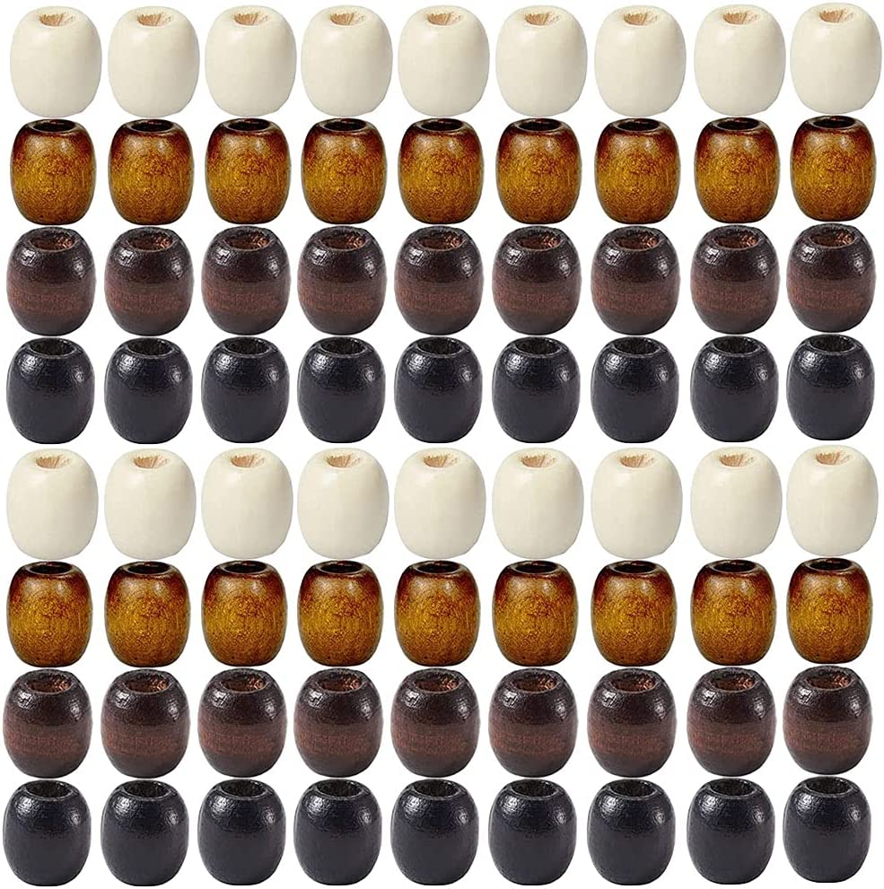 200Pcs Large Hole Barrel Wood European Loose Beads 4 Colors Natural Wooden Dreadlock Hair Braid Beads for Hair Braids Jewelry Bracelet Necklace Making 16x16-17mm