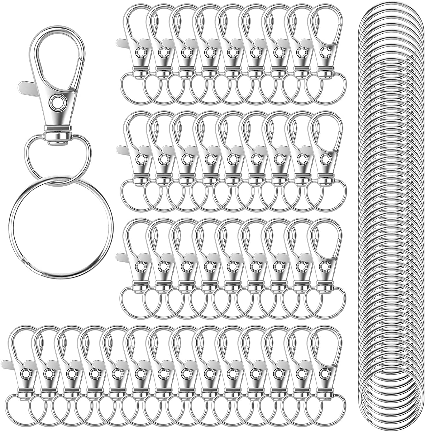 100PCS Keychain Hooks with Key Rings, Metal Swivel Lobster Claw Clasps, for Keychain Clip Lanyard, Jewelry Making, Crafts (Silver)