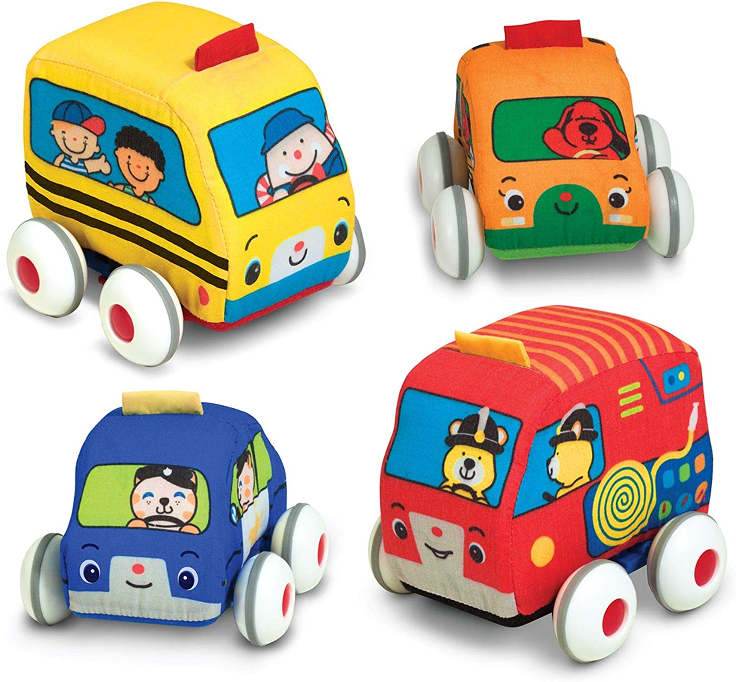 Melissa & Doug K's Kids Pull-Back Vehicle Set - Soft Baby Toy Set With 4 Cars and Trucks and Carrying Case