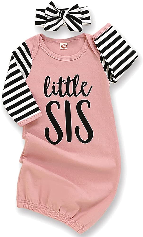 Newborn Baby Girl Little Sister Sleeper Gown Stripe Long Sleeve Nightgown Outfit