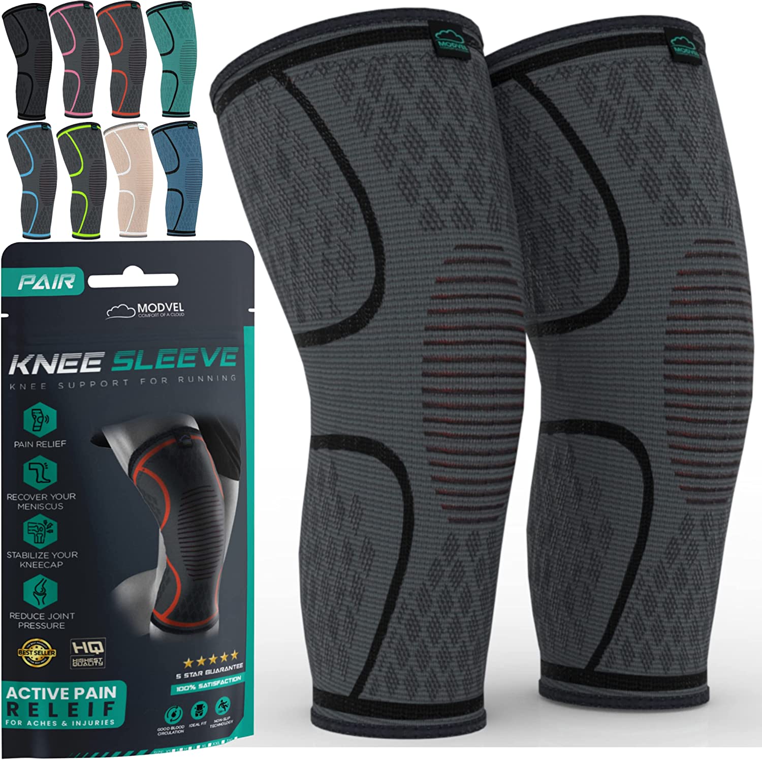 MODVEL 2 Pack Knee Brace | Knee Compression Sleeve for Men & Women | Knee Support for Running | Medical Grade Knee Pads for Meniscus Tear, ACL, Arthritis, Joint Pain Relief.