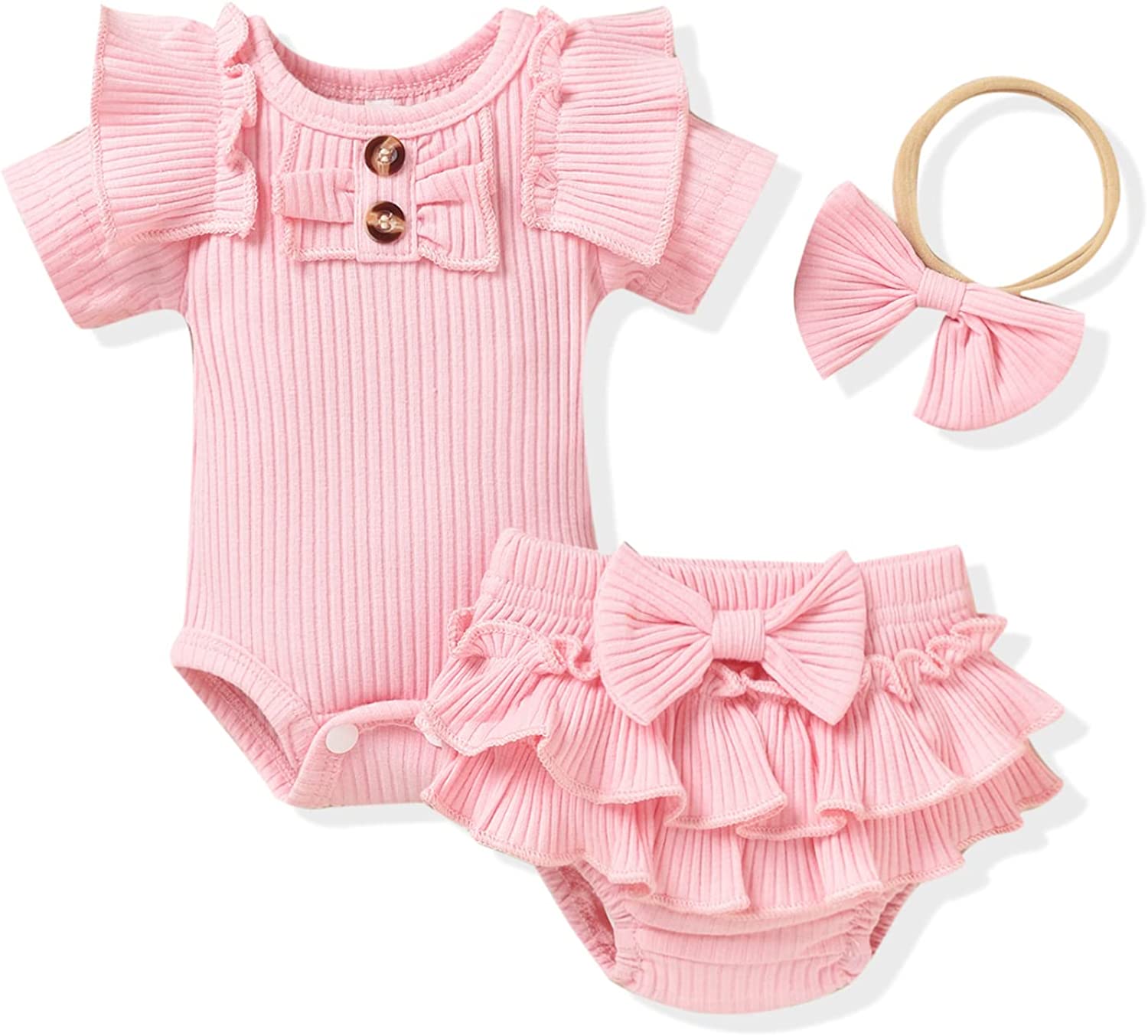 Baby Girls Short Sleeve Bodysuit Bloomer Shorts Ribbed Outfits