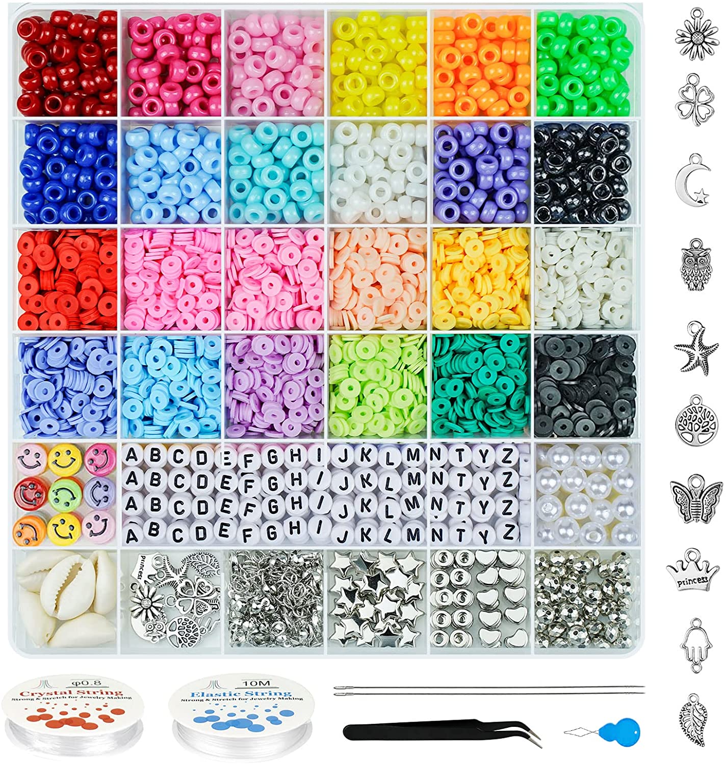Bracelet Making Kit,Velavior Bead Kit Including 24 Colors 2400pcs Clay Beads,600pcs Pony Beads and 200pcs Letter Beads for Bracelets Jewelry Making with Charm Pendants and Elastic Strings
