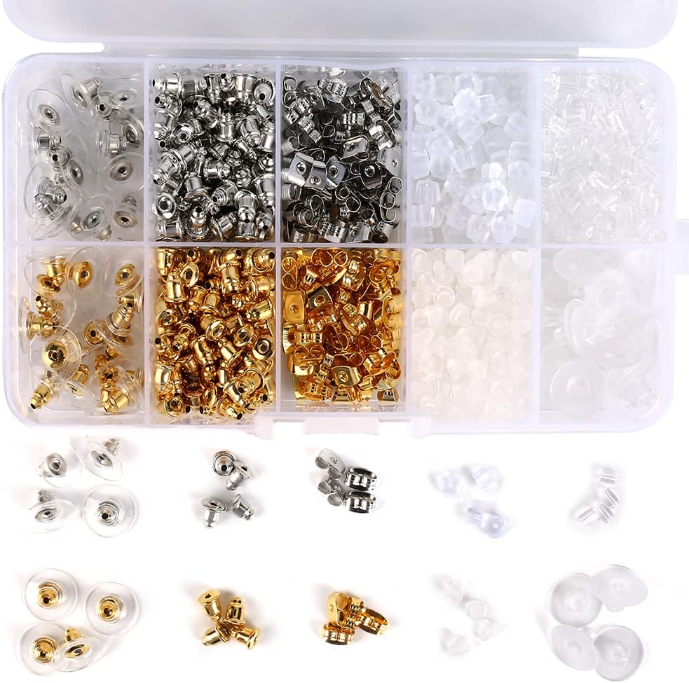 1040pcs Earring Backs, BetyBedy 10 Styles Earring Backings Kit, Metal Plastic Rubber Earring Back Clips Bullet Butterfly Flower Shape