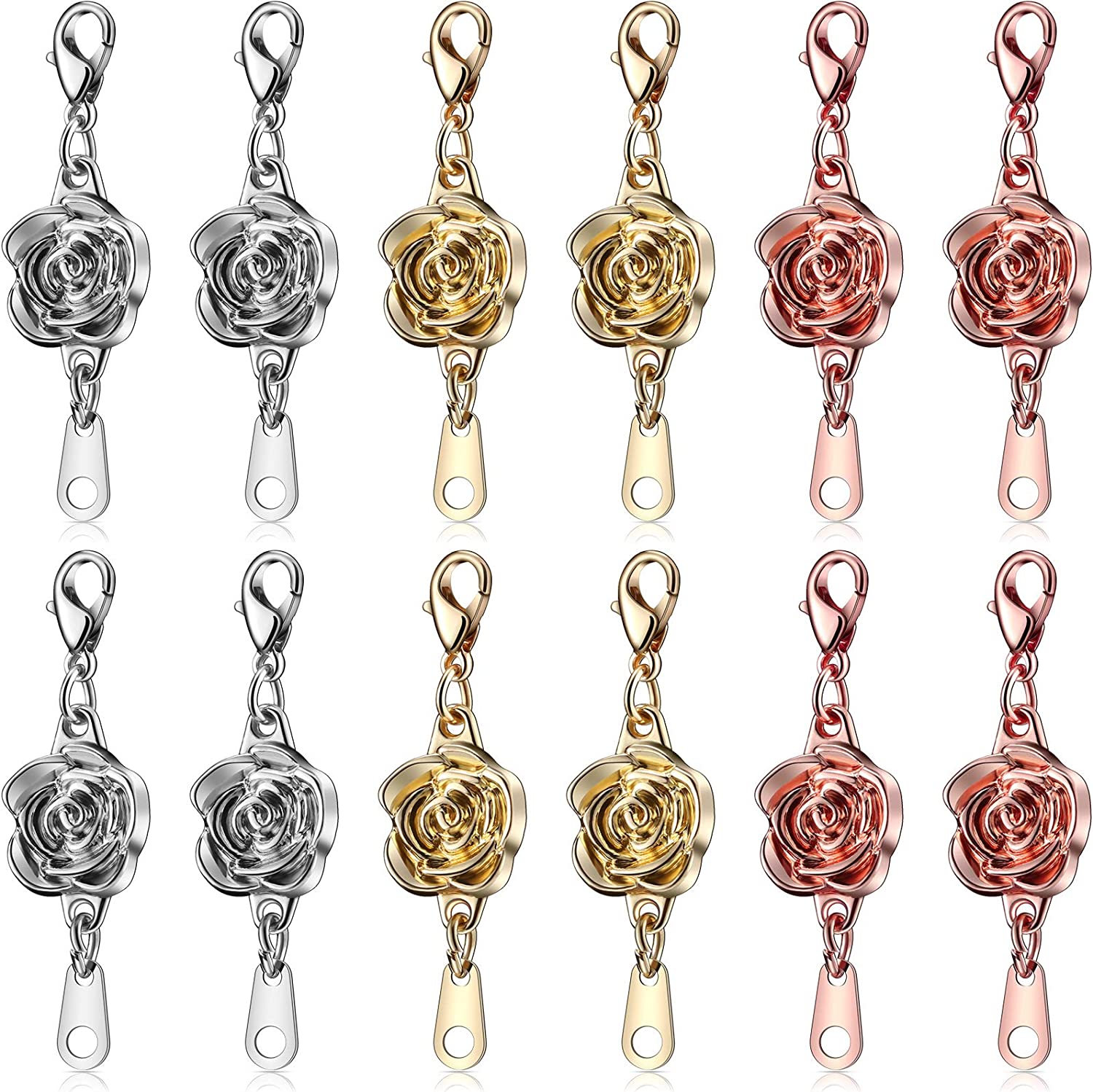 12 Pieces Locking Magnetic Clasps Rose Jewelry Magnetic Clasp Necklace Lobster Clasp Closures Magnetic Clasp Converter Chain Extenders for Jewelry Necklace Bracelet (Gold, Silver, Rose Gold)