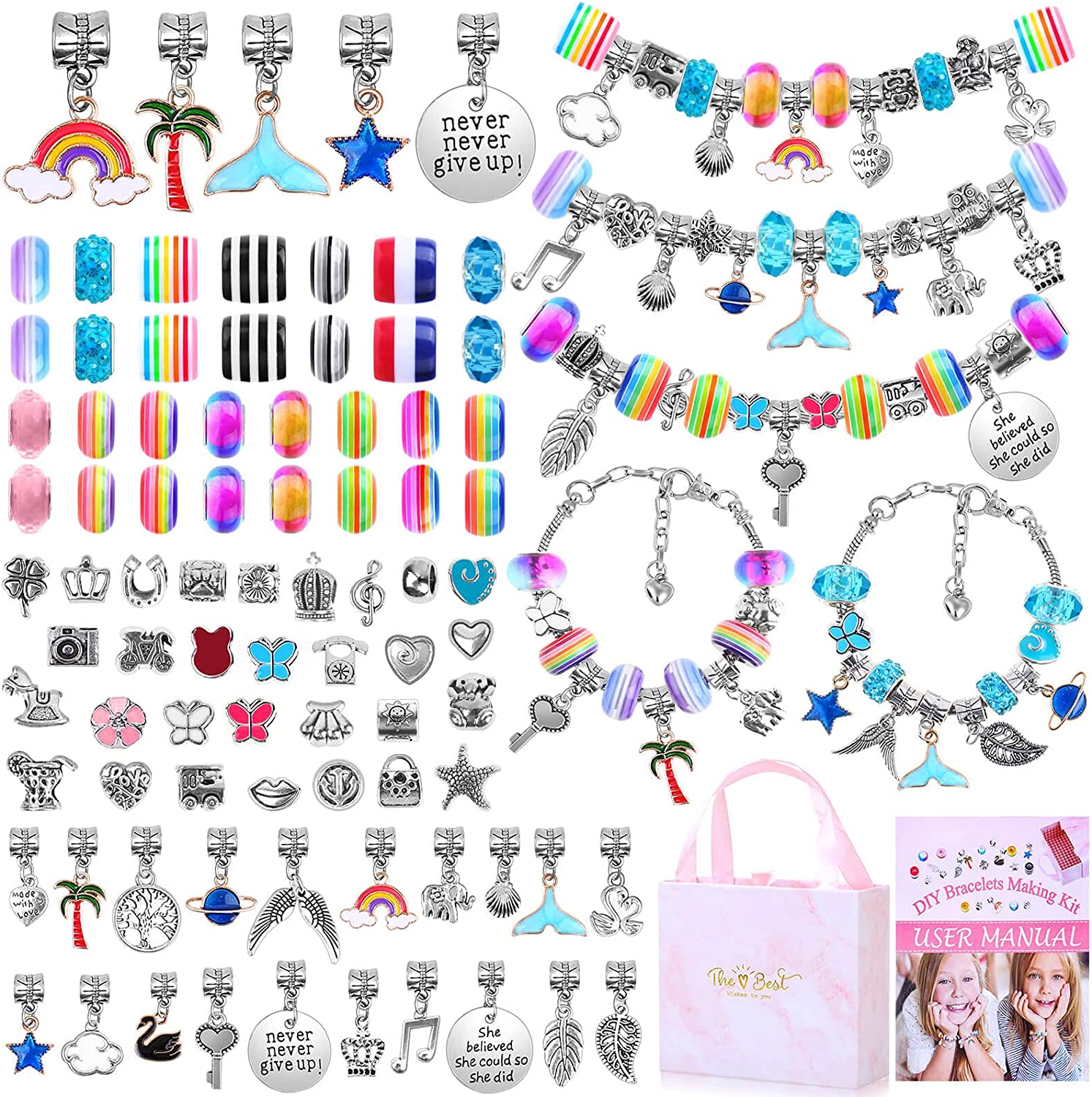 Bracelet Making Kit for Girls, Flasoo 85PCs Charm Bracelets Kit with Beads, Jewelry Charms, Bracelets for DIY Craft, Jewelry Gift for Teen Girls