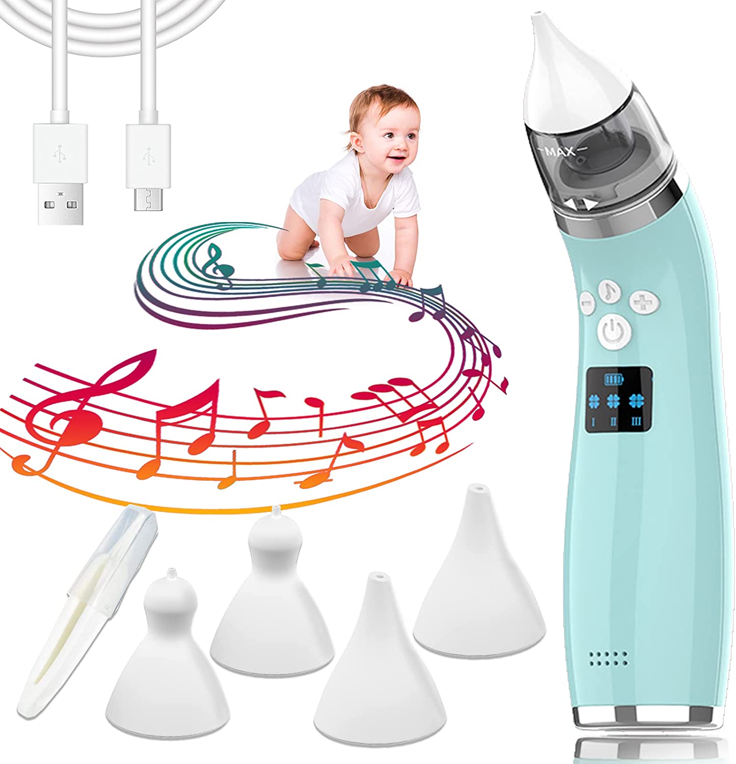 Baby Nasal Aspirator, Holnkme Electric Nose Suction with 4 Silicone Nose Tips for Infants with 3 Levels of Suction&Music Soothing Function Rechargeable Portable for Newborns and Toddlers