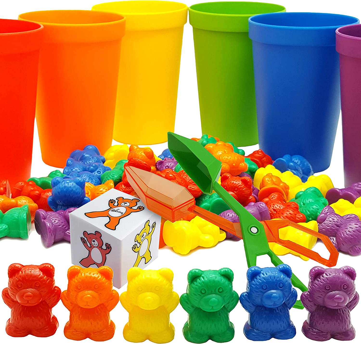 Skoolzy Rainbow Counting Bears with Matching Sorting Cups, Bear Counters and Dice Math Toddler Games 71pc Set - Bonus Scoop Tongs, Storage Bags