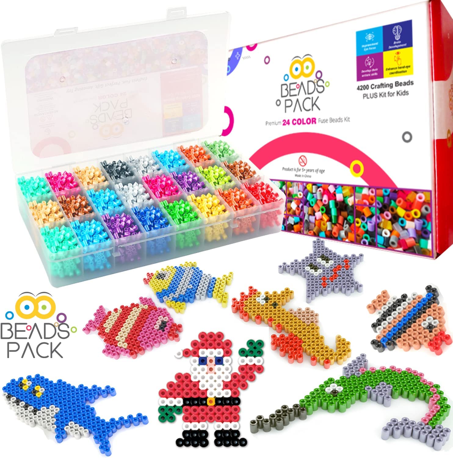 BeadsPack Fuse Beads Kit for Kids with 4200 Beads 5mm - 2 Pegboards, Tweezer, Pattern & Iron Paper – 24 Assorted Color Iron-On Melty Beads for Kids Crafts & Gift – Ideal for All Occasions