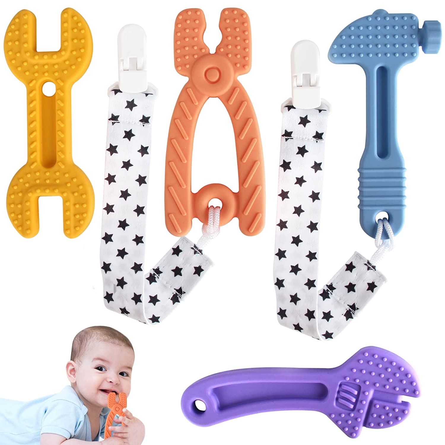 Fu Store 4 Pack Soft Silicone Teething Toys for Toddlers Infant Hammer Wrench Spanner Pliers Tools Shape Baby Teethers Relief Soothe Babies Gums Set (Hammer Set)
