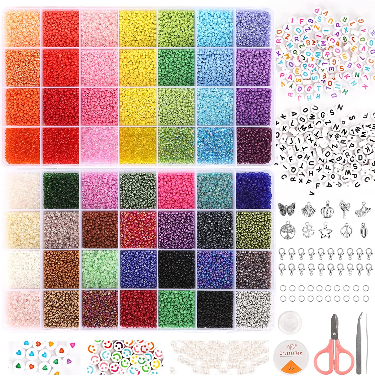 Quefe 45000pcs Glass Seed Beads 56 Colors 2mm Small Beads for Jewelry Making Kit, 260pcs Letter Beads Smiley Face Beads Heart Beads Pearls Rings Lobster Locks Pendants Charms Elastic String
