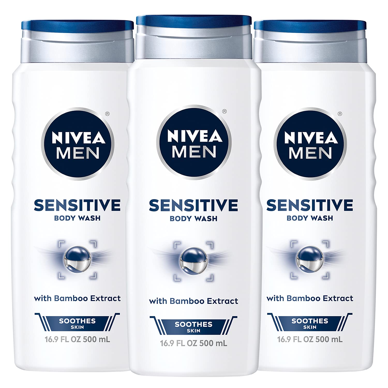 NIVEA MEN Sensitive Body Wash with Bamboo Extract, 3 Pack of 16.9 Fl Oz Bottles