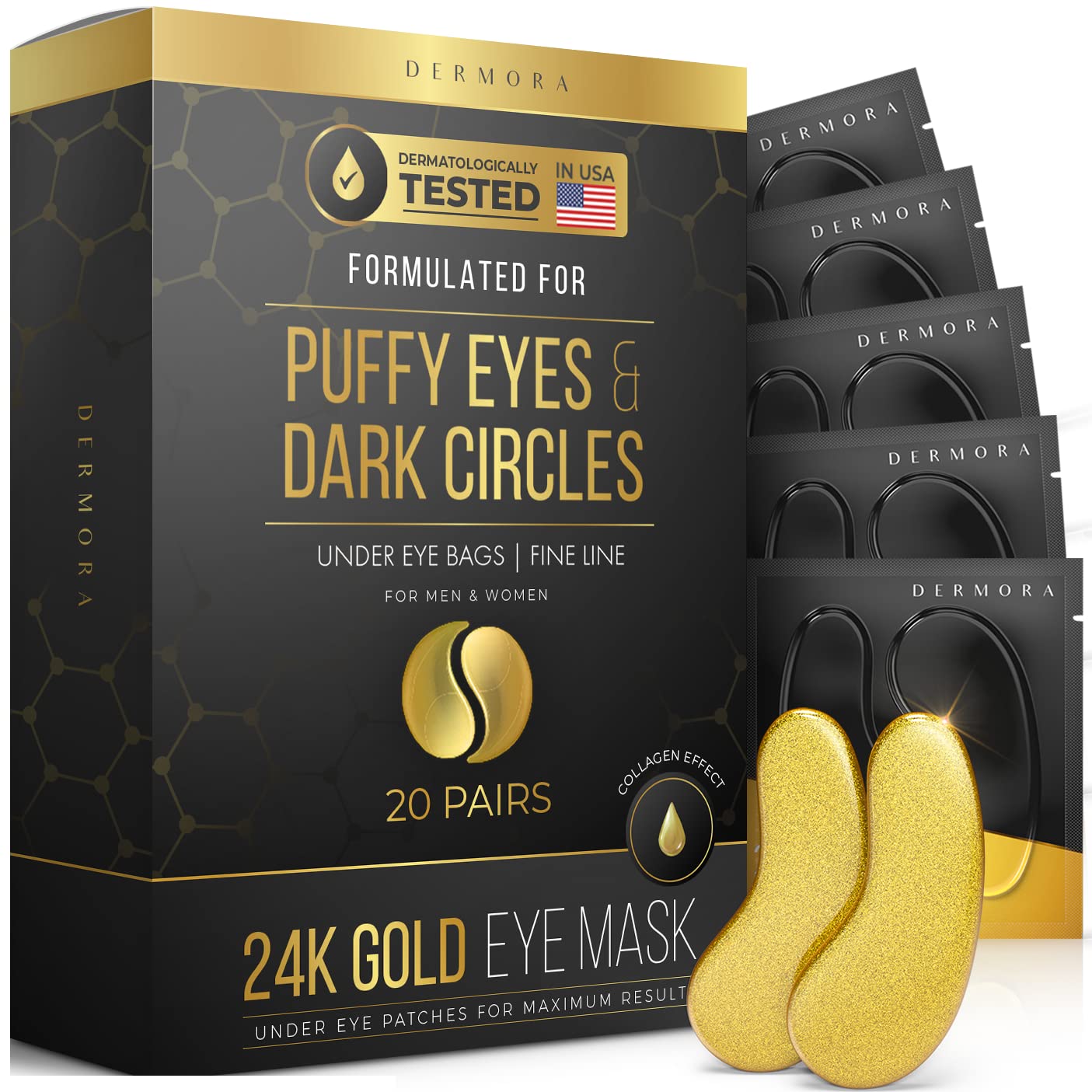 24K Gold Eye Mask– 20 Pairs - Puffy Eyes and Dark Circles Treatments – Look Less Tired and Reduce Wrinkles and Fine Lines Undereye, Revitalize and Refresh Your Skin