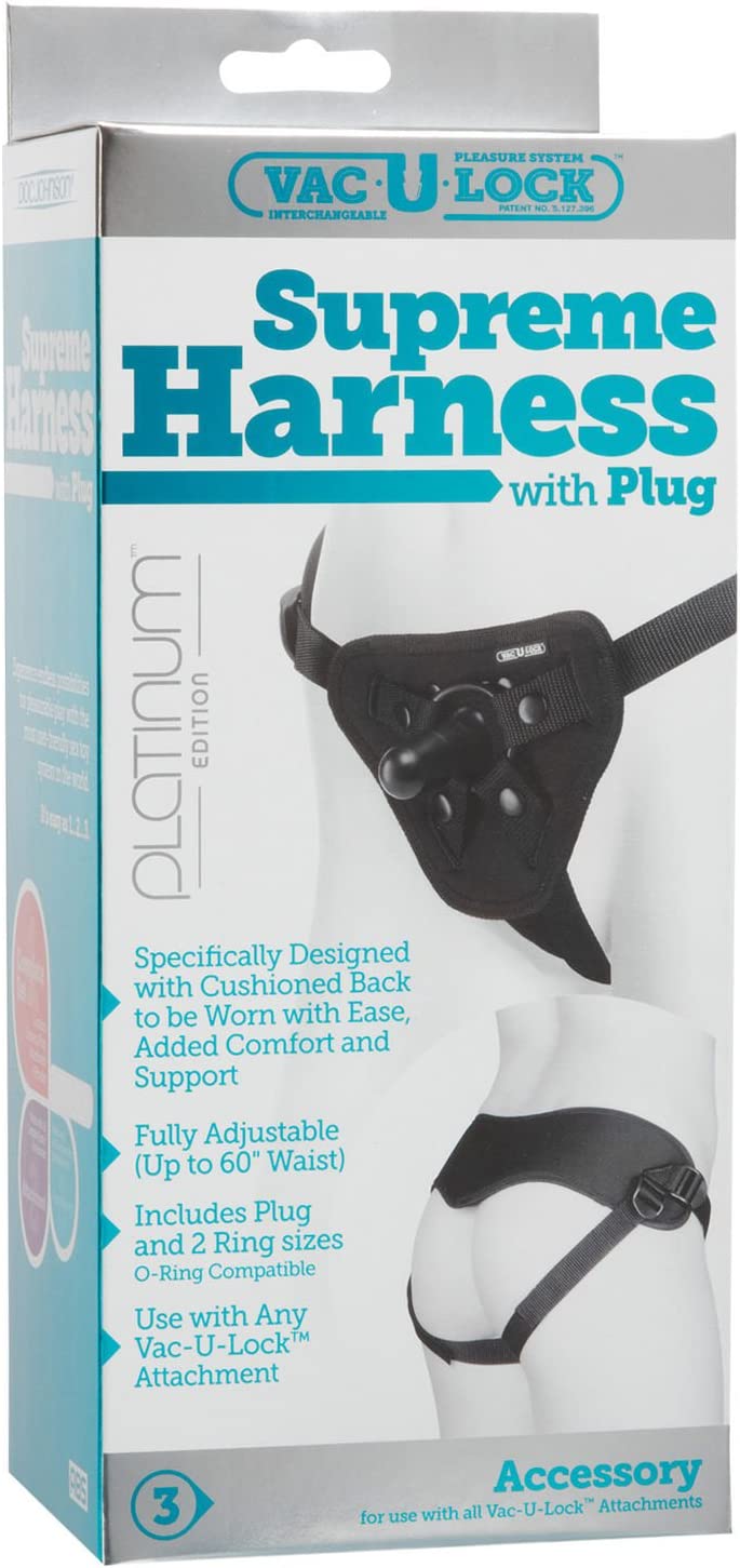 Doc Johnson Vac-U-Lock Platinum - Supreme Harness With Vac-u-lock Plug & 3 Different Sized O-Rings - Compatible With O-ring & Vac-u-lock Dildos - Accommodates Up-To 69" Waist - Black