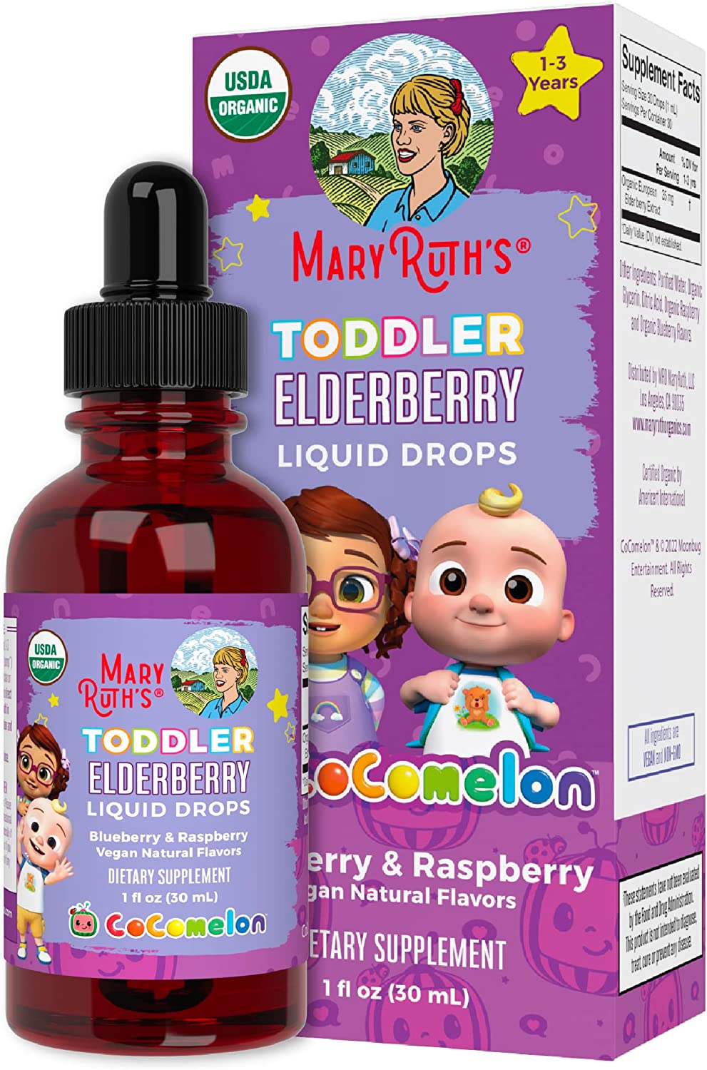 Cocomelon Elderberry Syrup for Toddlers by MaryRuth's | USDA Organic | Black Elderberry Liquid Drops for Immune Support | Blueberry Raspberry | Kids Ages 1-3 Years | Vegan | Non-GMO | 1 Oz