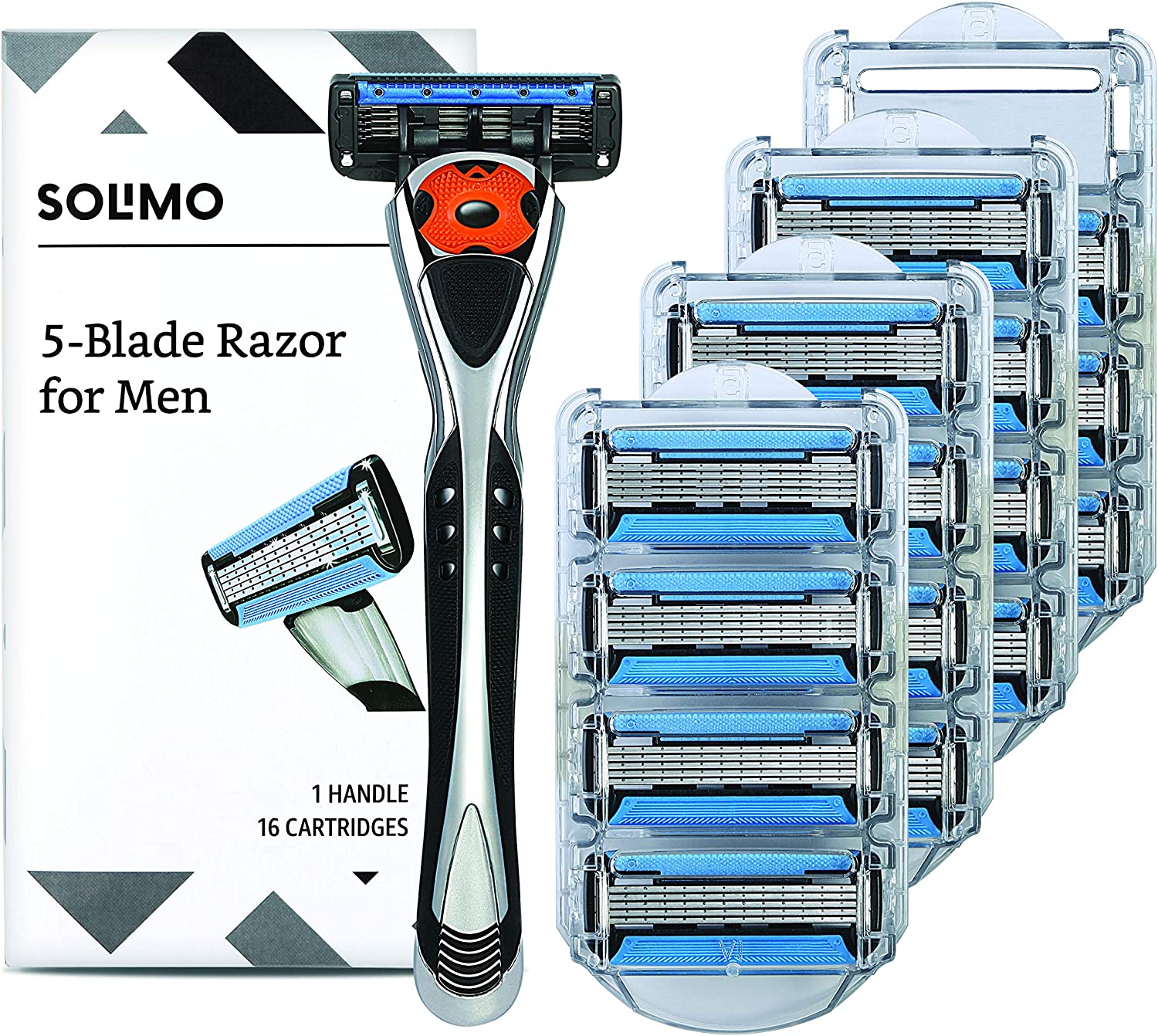 Amazon Brand - Solimo 5-Blade MotionSphere Razor for Men with Dual Lubrication and Precision Trimmer, Handle & 16 Cartridges (Cartridges fit Solimo Razor Handles only)