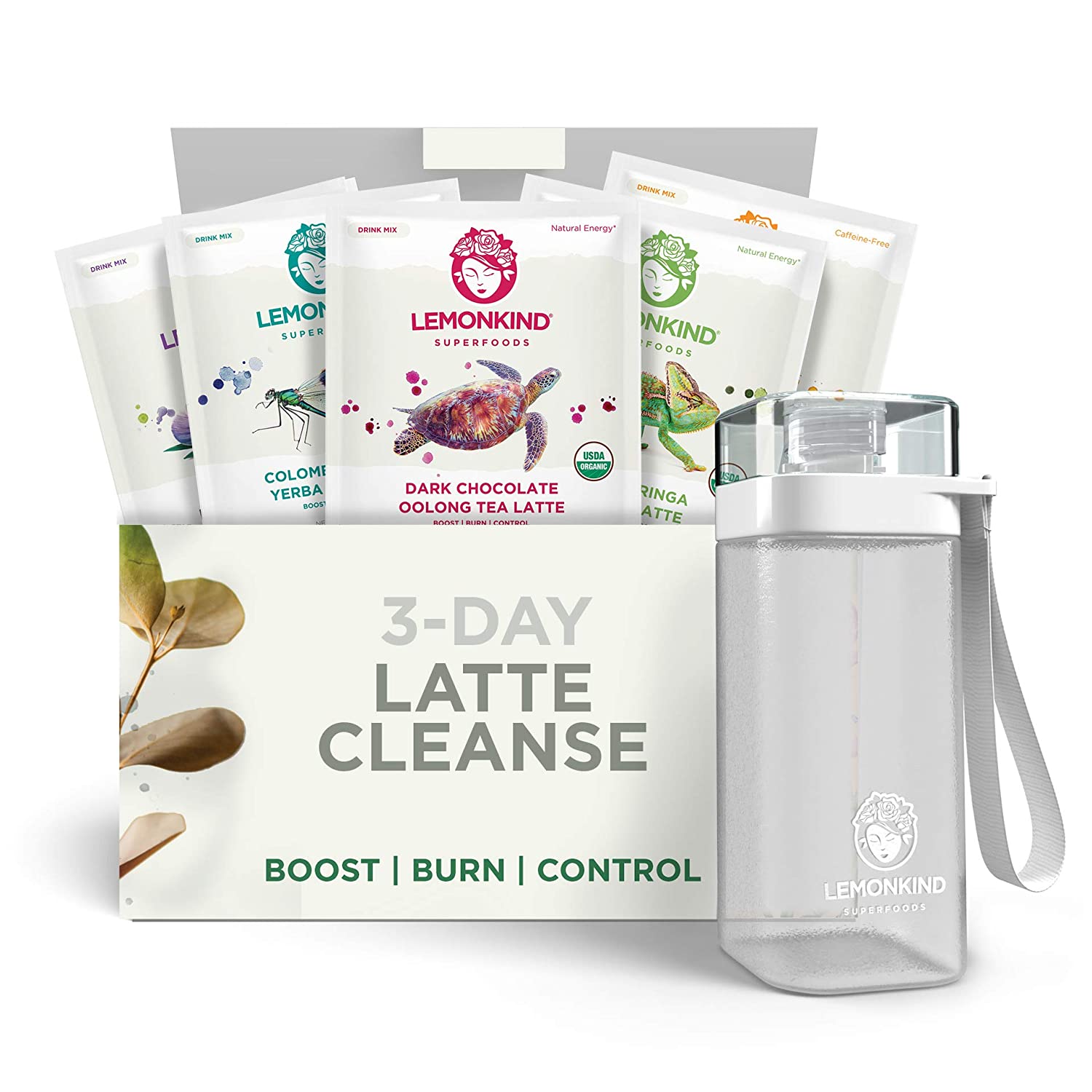 Organic 3 Day Fat-Burn Cleanse for Weight Loss Jumpstart & Detox – Plant-based & Gluten-Free, 15 Vegan Lattes (Coffee, Chocolate, Vanilla, Maqui & Matcha) + FREE Blender Bottle