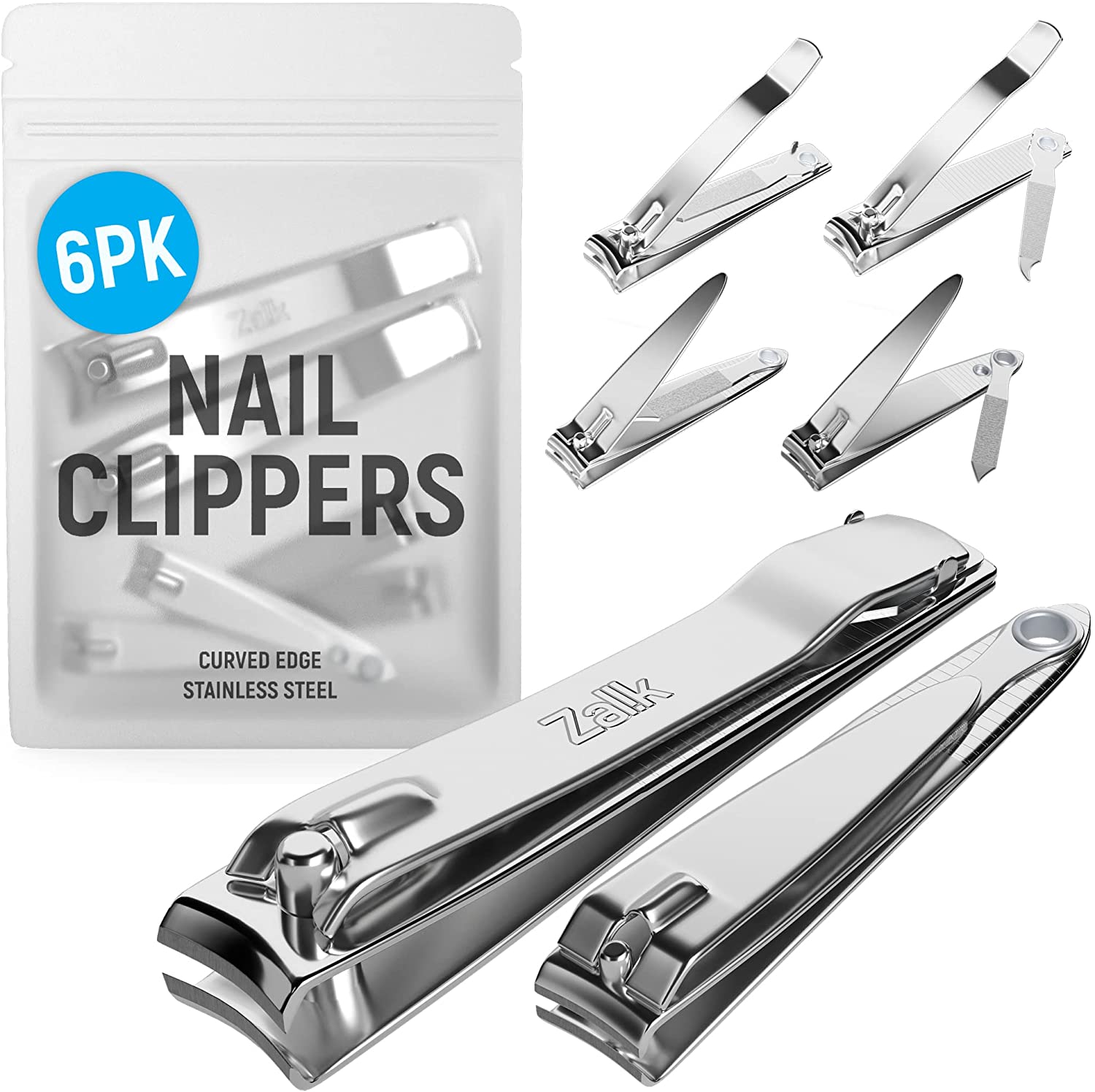 (6 Pack) Nail Clippers Set Stainless Steel Fingernail and Toenail Clipper, Finger Nail Toe Nail Clip Sharpest Nail Cutter Heavy Duty Curved Edge for Adults Men Women with Swing Out Nail Cleaner/File…