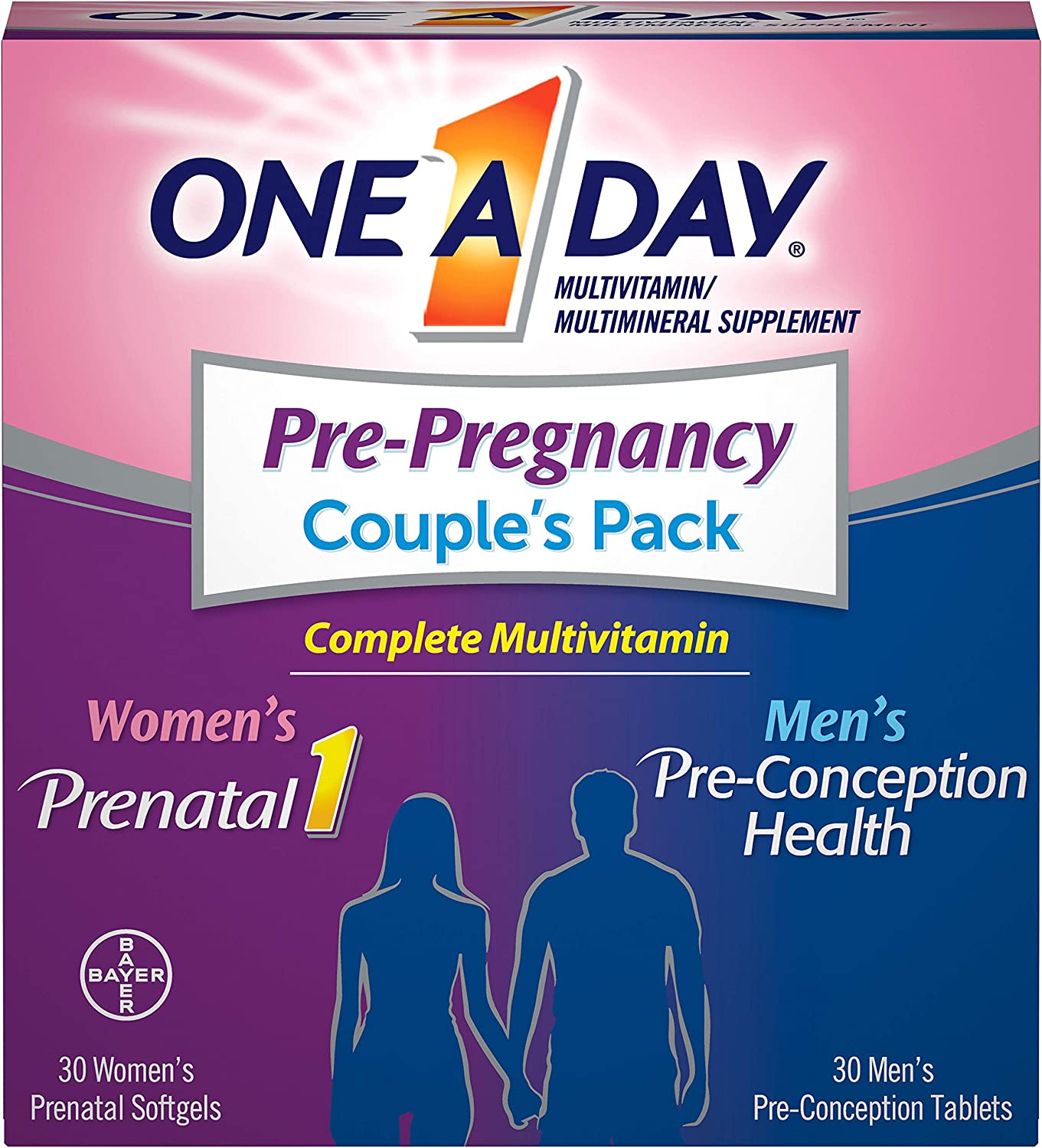 One A Day Men's & Women's Pre-Pregnancy Multivitamin including Vitamins A, Vitamin C, Vitamin D, B6, B12, Folic Acid & more, 30+30 Count, Supplement for Before, During, and Postnatal