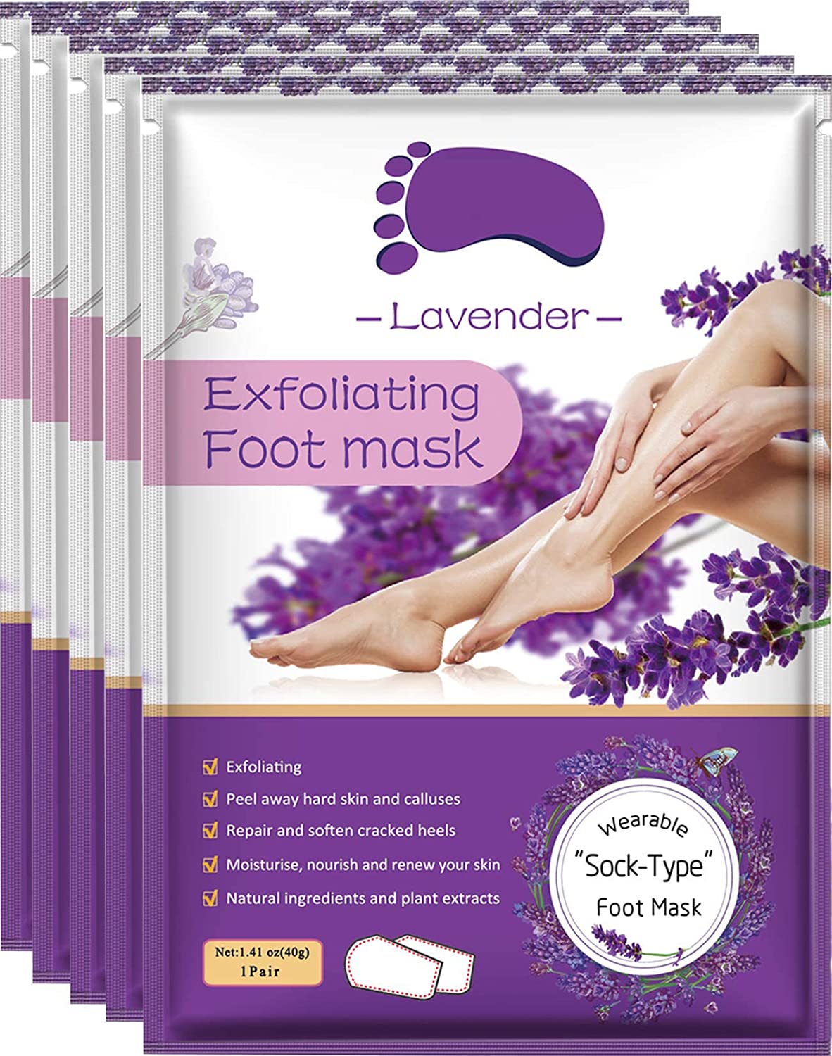 Foot Peel Mask 5 Pack,Lavender Exfoliating Foot Masks, Soft Smooth Touch Natural Exfoliator for Dry Dead Skin, Callus, Repair Rough Heels,Gifts for Women Mom and Men