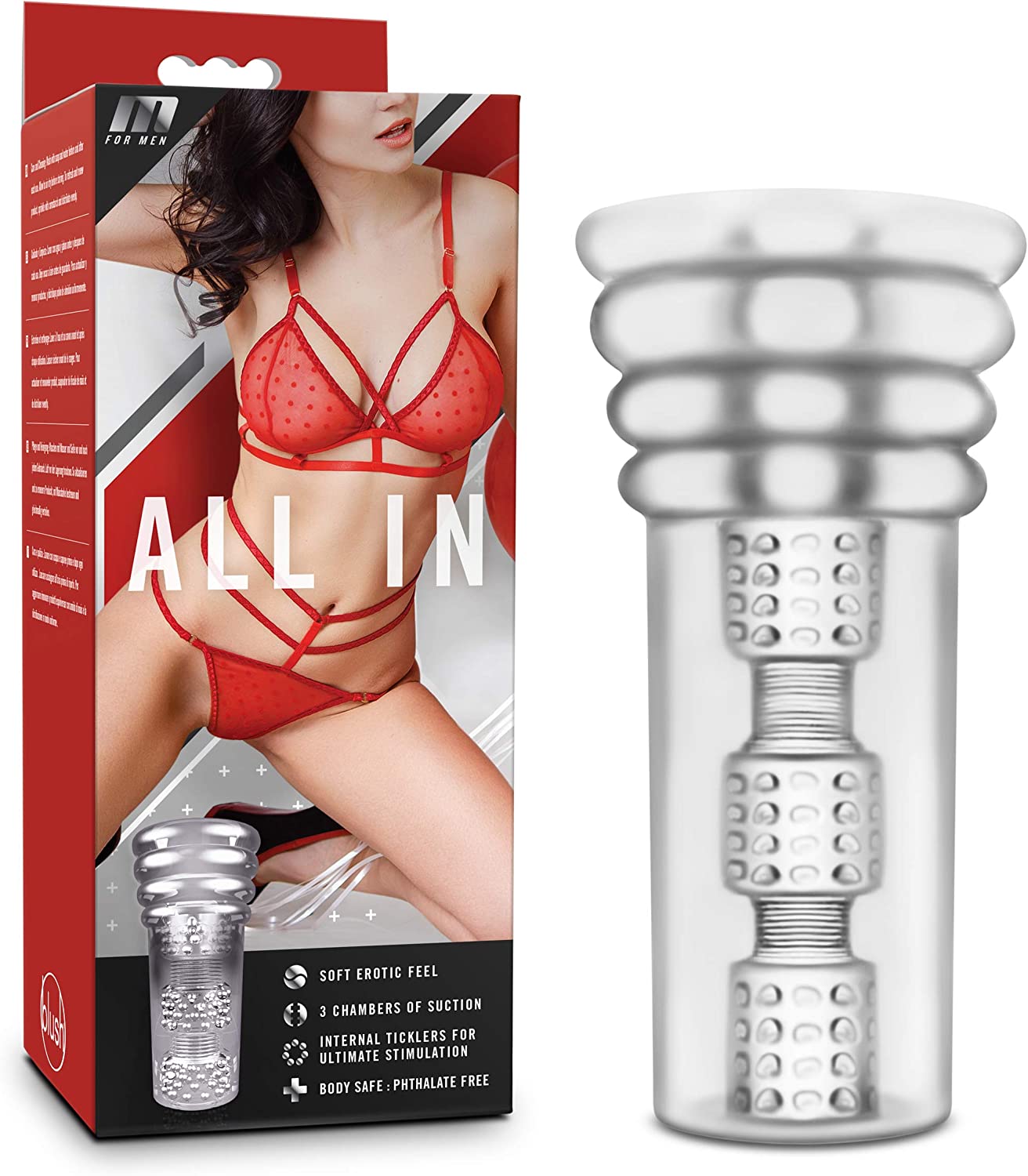 Blush M for Men All In - #1 Bestselling Pocket Pussy Masturbator - Ultra Soft Male Masturbation Stroker - Ribbed & Multi Textured, Multi Chamber For Ultimate Pleasure - Male Sex Toy For Guys - Clear