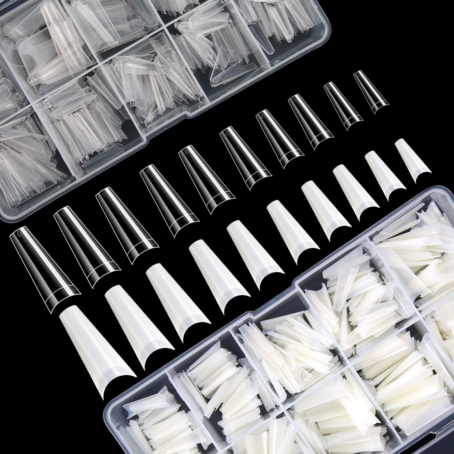 1000 PCS French Coffin Ballerina Nail Tips Acrylic Nails Artificial Half False Flake Nail Tips 10 sizes with Clear Plastic Cases for Nail Salon Nail Shop DIY Nail Art Ballerina Nails (Clear+Natural)