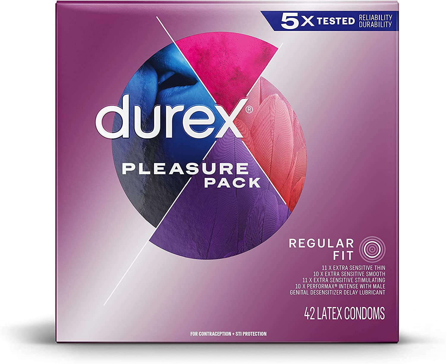 Durex Pleasure Pack Assorted Condoms, Exciting Mix of Sensation and Stimulation, Natural Rubber Latex Condoms for Men, Regular Fit, FSA & HSA Eligible, 42 Count (Packaging may Vary)