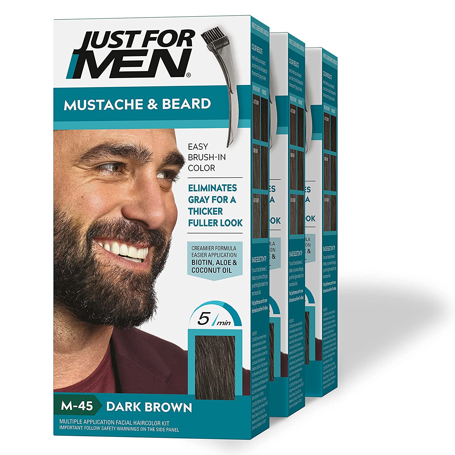 Just for Men Mustache & Beard, Coloring for Gray Hair with Brush Included, Color Dark Brown, Pack of 3