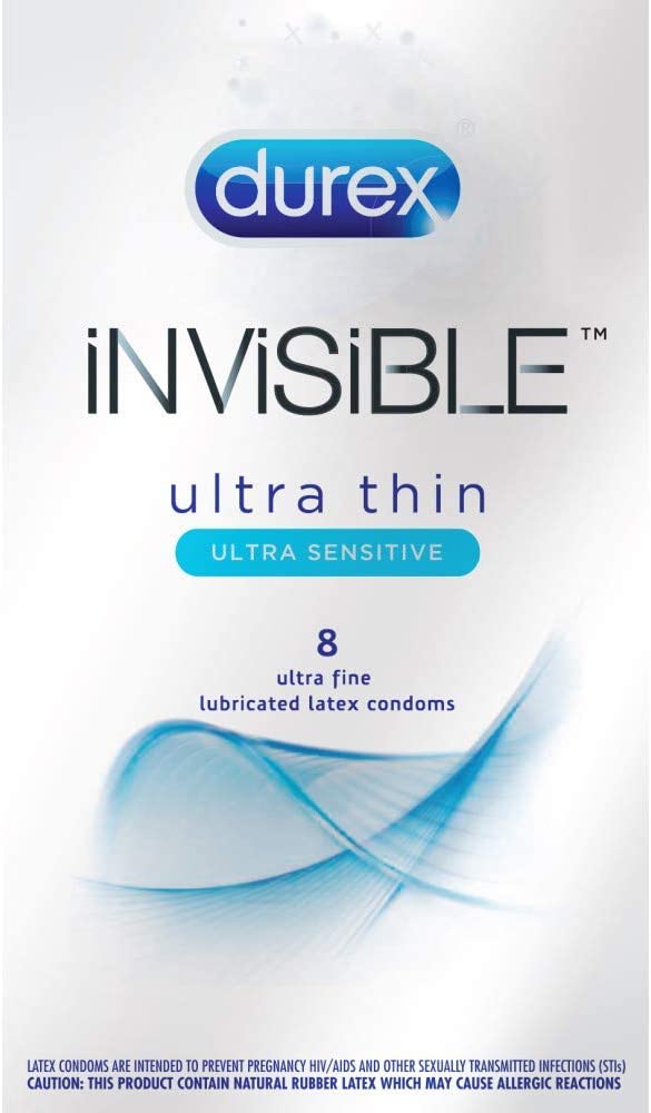 Condoms, Ultra Thin Lubricated Natural Latex, Durex Invisible Condoms, 8 Count - Ultra Sensitive, Lubricated, Transparent